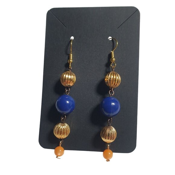 Gold Tone Blue Orange Bead Dangle Earrings Hook Back Sports Fan Jewelry Gift - Picture 3 of 5